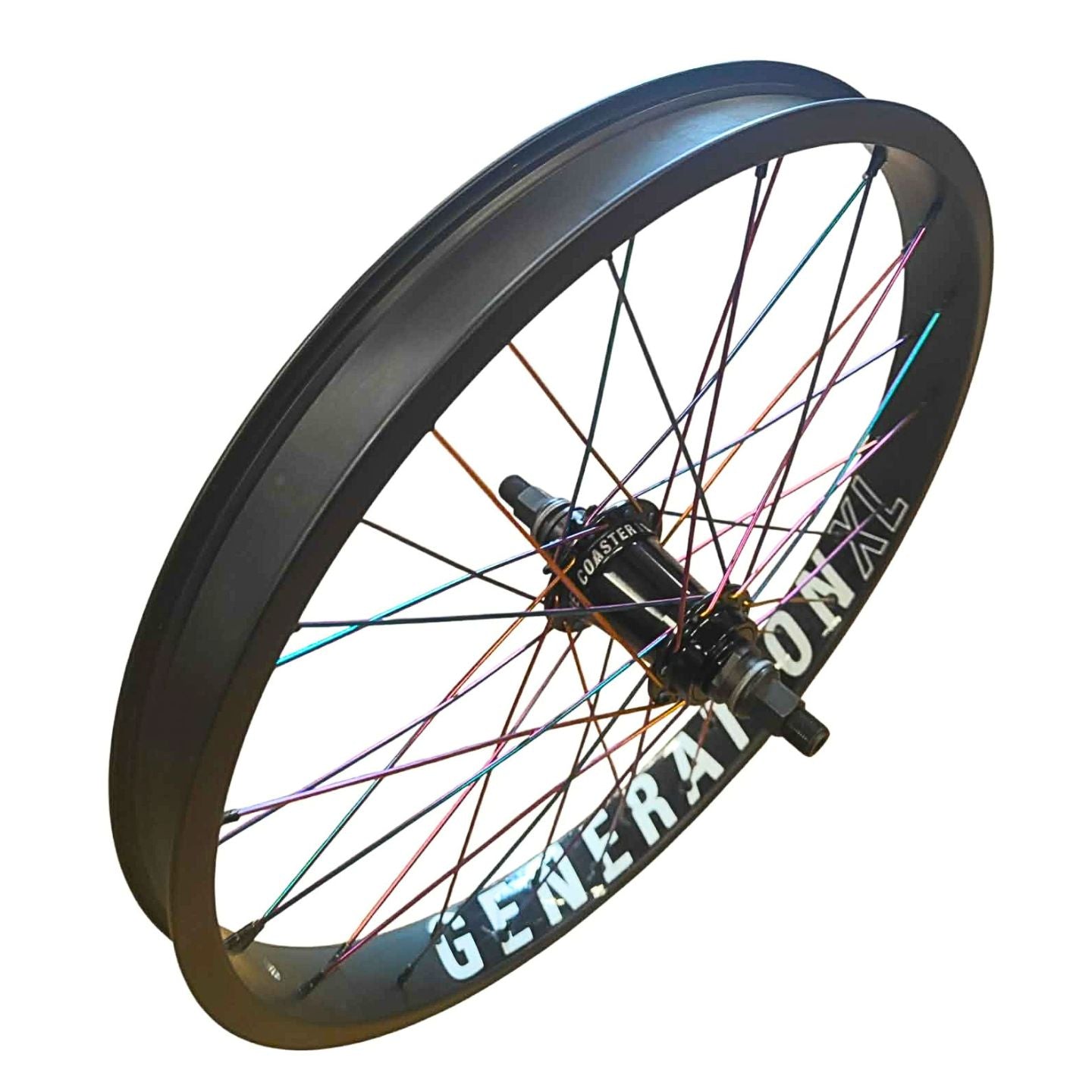 Blank Generation Freecoaster BMX Wheel - Black & Rainbow spokes
