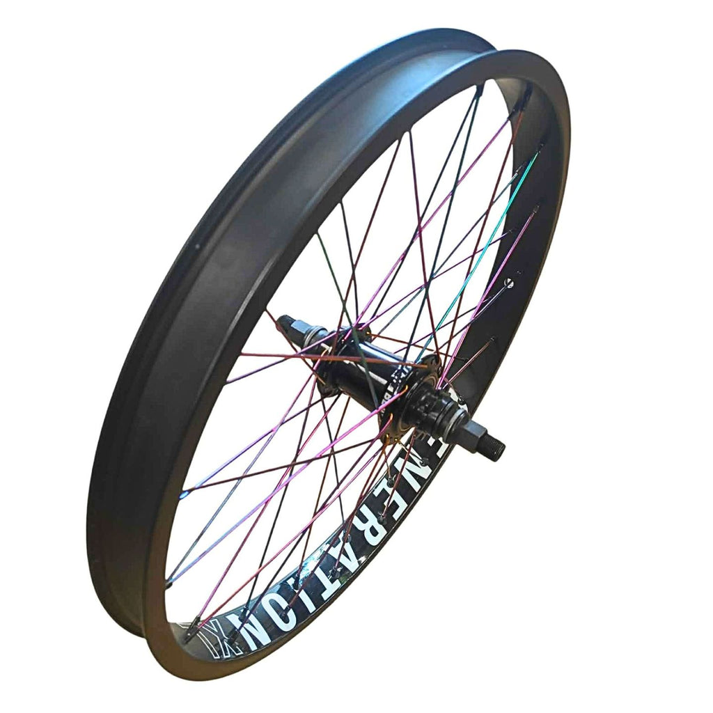 Blank Generation Freecoaster BMX Wheel - Black & Rainbow spokes